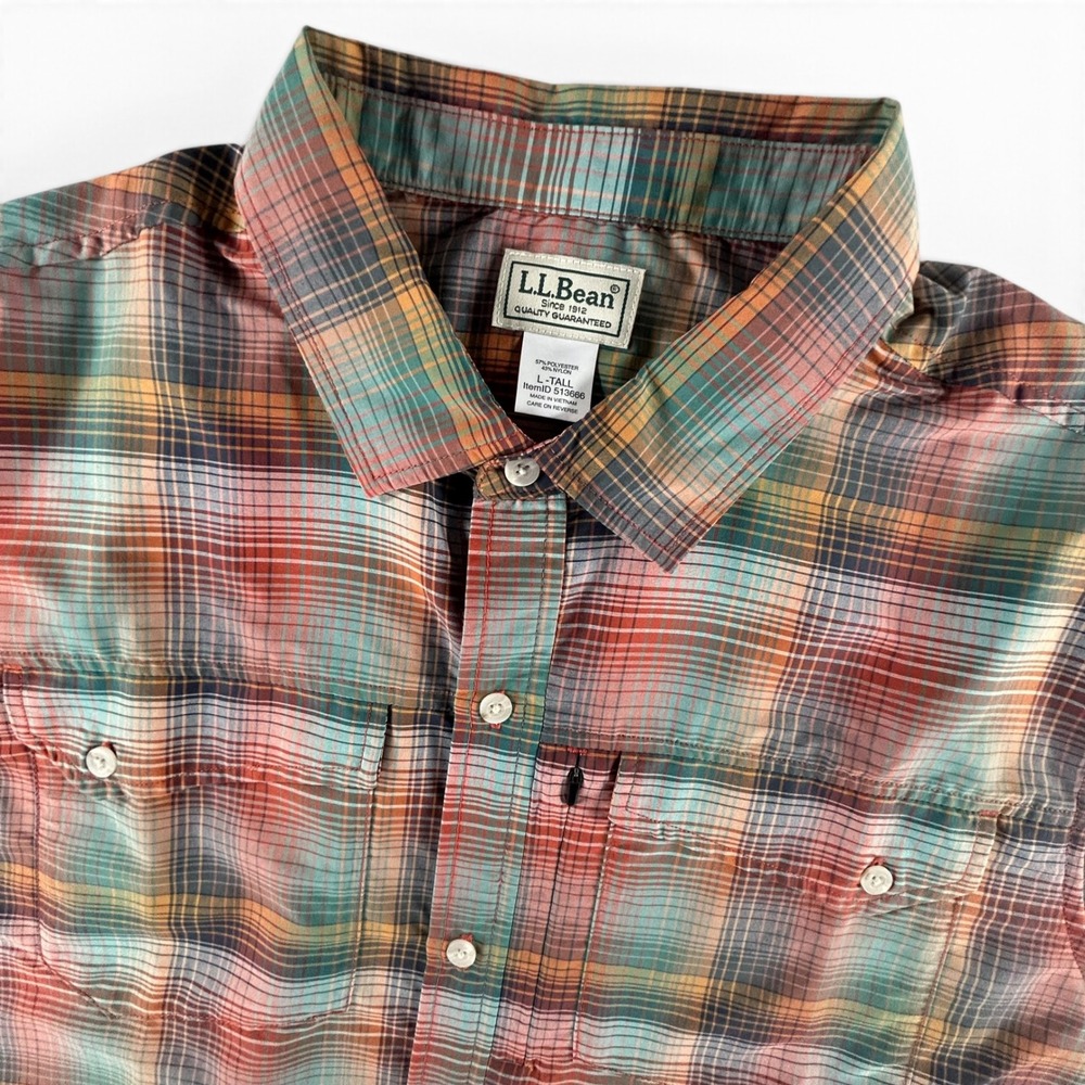 LL Bean Shirt Mens Large Tall Plaid Short Sleeve Hiking Fishing Zip Pocket LT